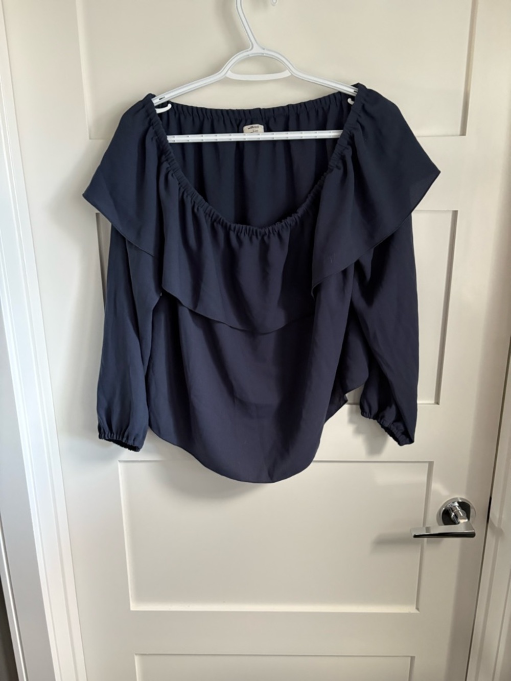 Aritzia Morel Navy Off-Shoulder Ruffle Blouse